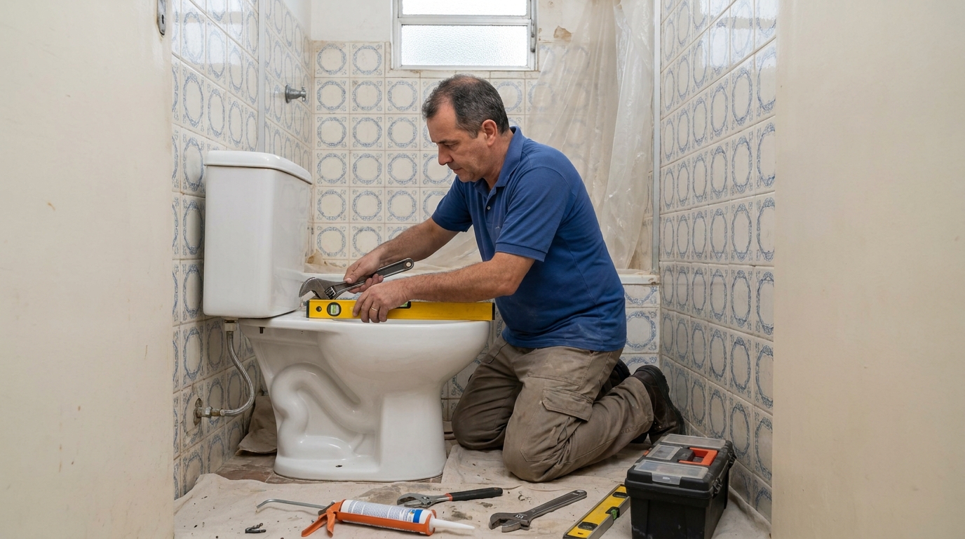 Técnico instalando vaso sanitário em Vitória‑ES